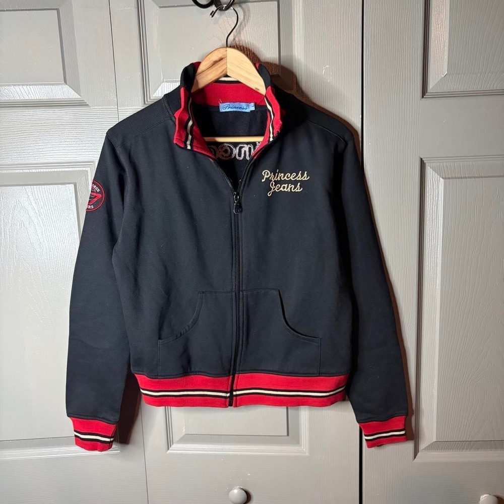 Princess Jeans Womens Black Varsity Track Jacket Striped Y2K Zip Up Large